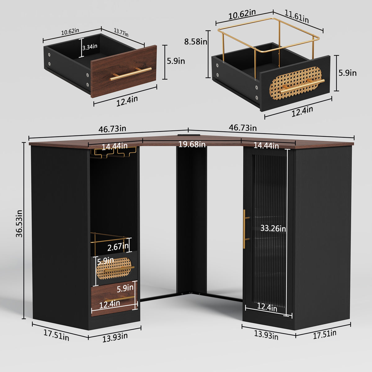 HLR Modern Corner Bar Cabinets with Mini Fridge Space, Wine Glass Rack, Storage Drawers, Black