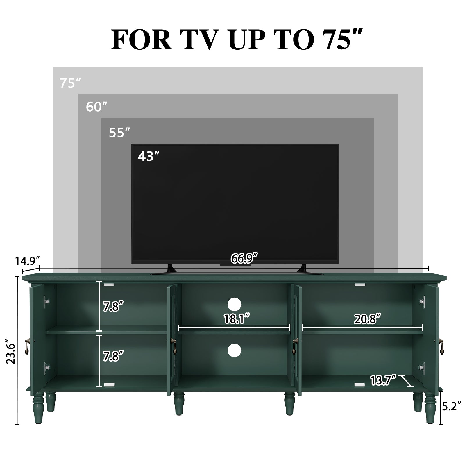 HLR 67" TV Stand, for TVs up to 75", Mid-Century Wood Entertainment Center for Living Room, Green
