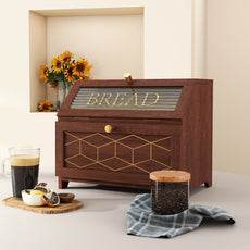 HLR Large Bread Box, Wood 2-layer Bread Box Storage for Kitchen Counter, with Bar Pattern Windows, Brown