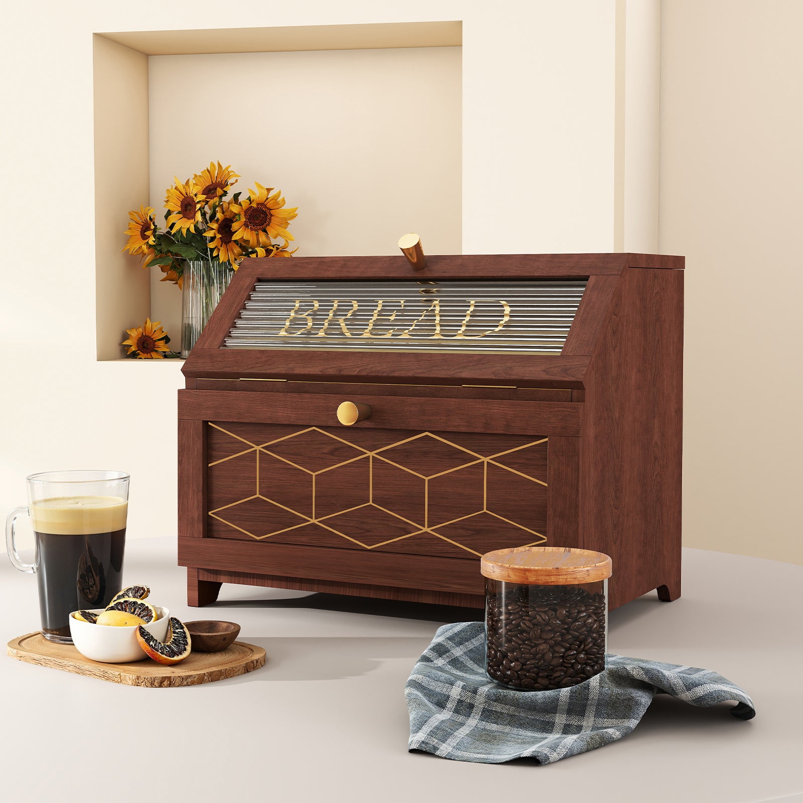 HLR Large Bread Box, Wood 2-layer Bread Box Storage for Kitchen Counter, with Bar Pattern Windows, Brown