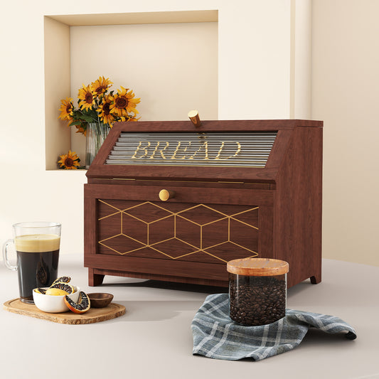 HLR Large Bread Box, Wood 2-layer Bread Box Storage for Kitchen Counter, with Bar Pattern Windows, Brown
