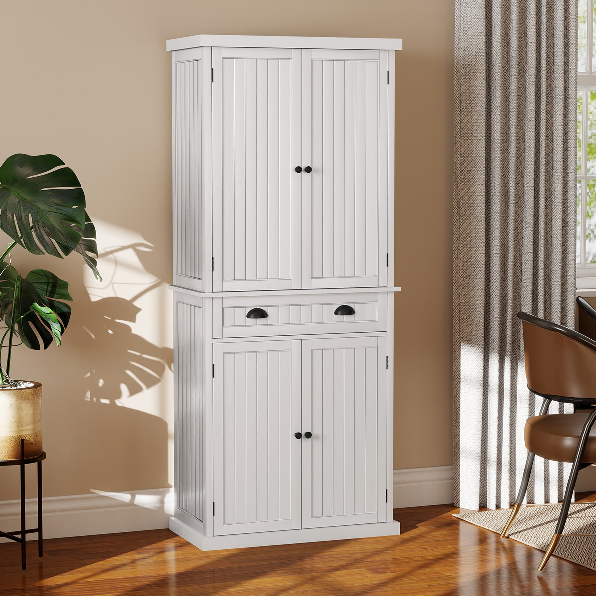 HLR 72" Utility Pantry Storage Cabinet, Tall Cupboard with Door Shelves and Drawer for Kitchen, White