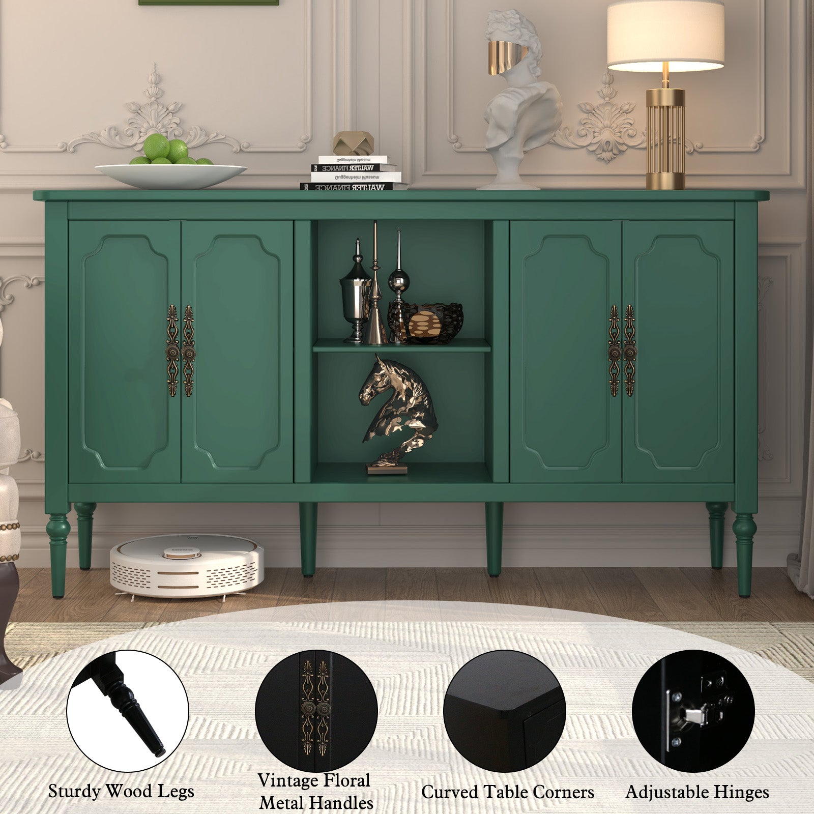 CBJCBJ 59" Mid-Century Storage Cabinet with Adjustable Shelves, Double-Layer Open Design for Living Room & Bedroom, Green