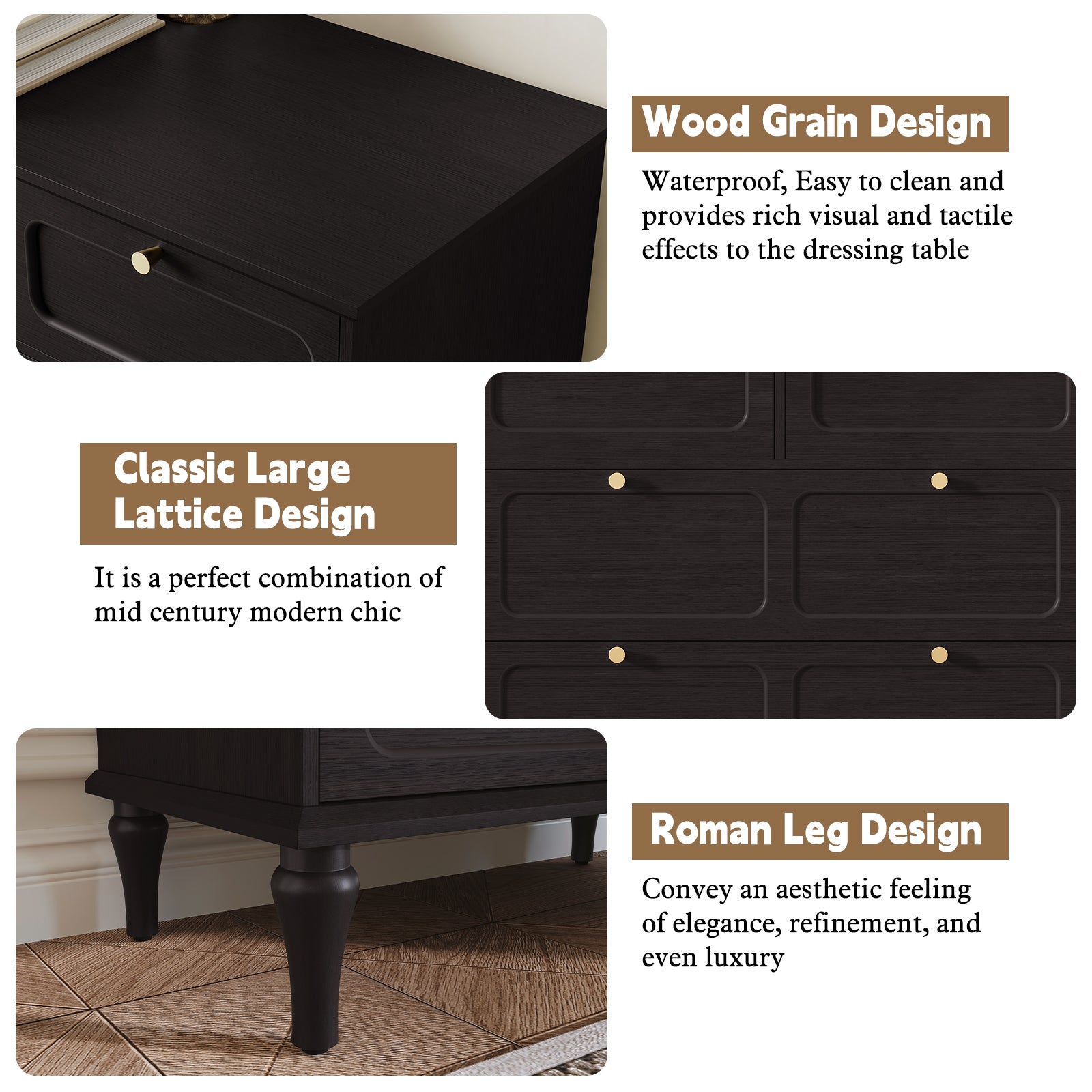 CBJCBJ 31.5" 5 Drawers Dressers, Large Floor Mid-Century Chest of Drawers for Bedroom, Hallway, Black