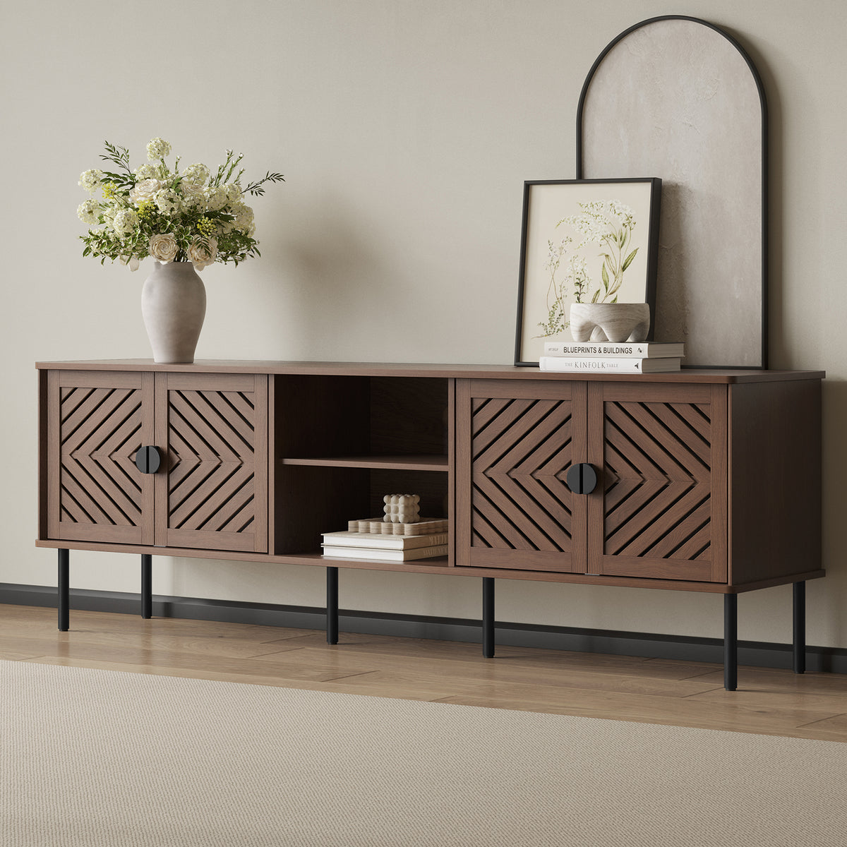 CBJCBJ Modern Mid Century 70" Large TV Stand for 80" TV, Entertainment Center with Storage, Walnut