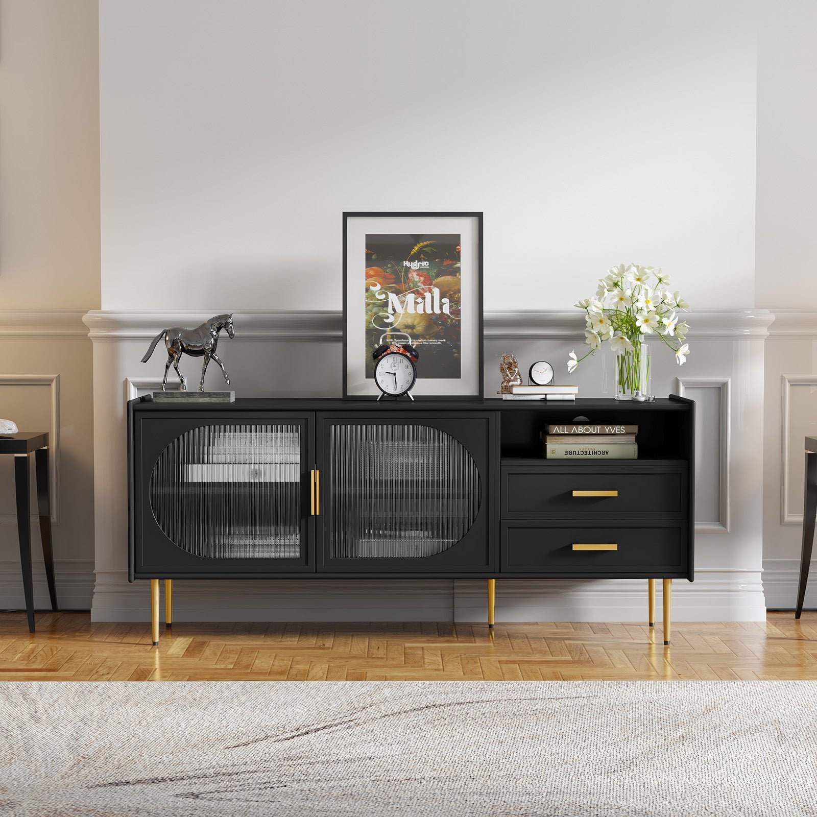 CBJCBJ 60.1" Modern Glass Door TV Stand with 2 Drawers & Adjustable Shelf | Entertainment Center for TVs up to 70 Inch | 4-Compartment Media Console Storage(BLACK)