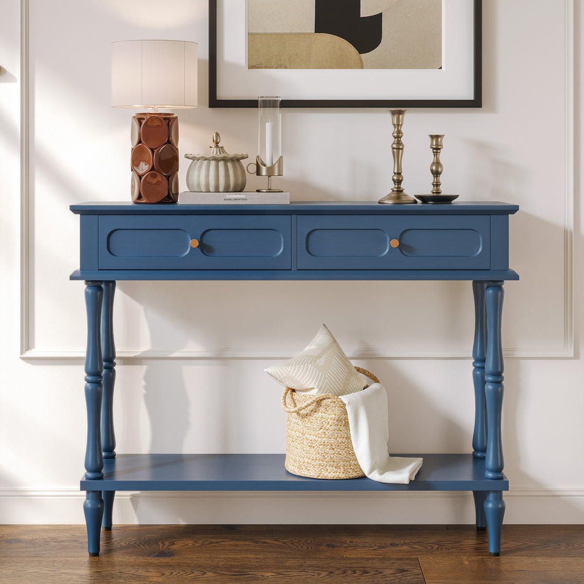 CBJCBJ Minimal Assembly Console Table, Entryway Table with 2 Drawers and Open Shelf, for Living Room, Blue