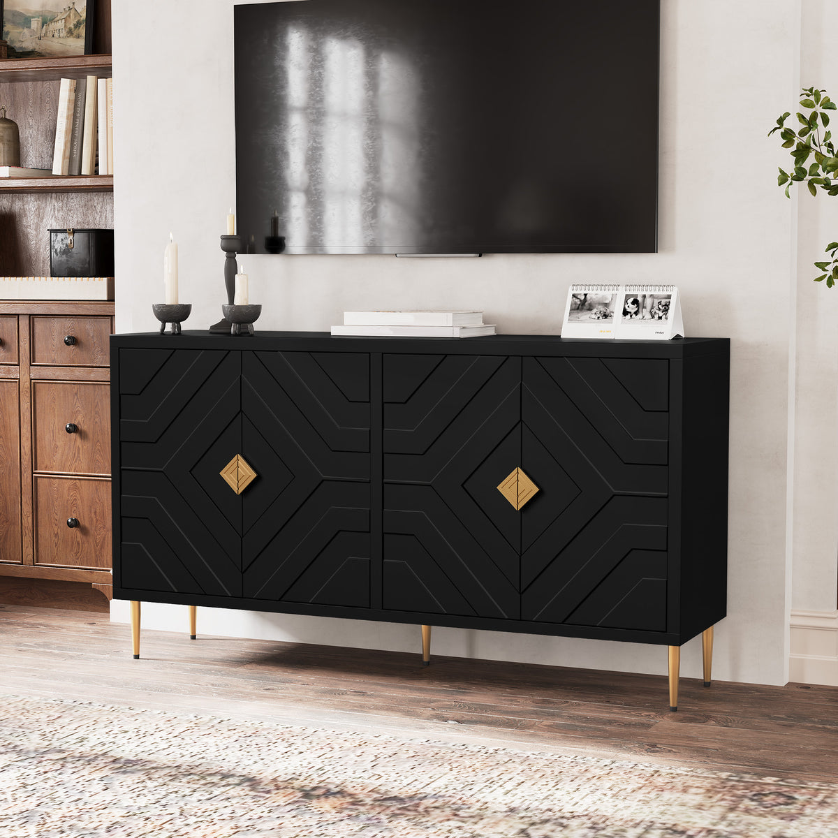 HLR 58" Modern Accent Sideboard Cabinet, 4 Doors, Adjustable Shelves, Fluted Storage Cabinet, Black