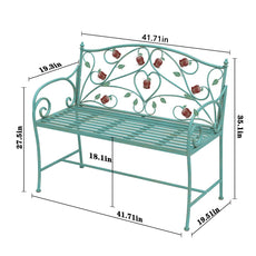 HLR Farmhouse Outdoor Bench with Rose Pattern, 41.7'' Metal Frame Patio Garden Chair Cast Iron, Light Blue