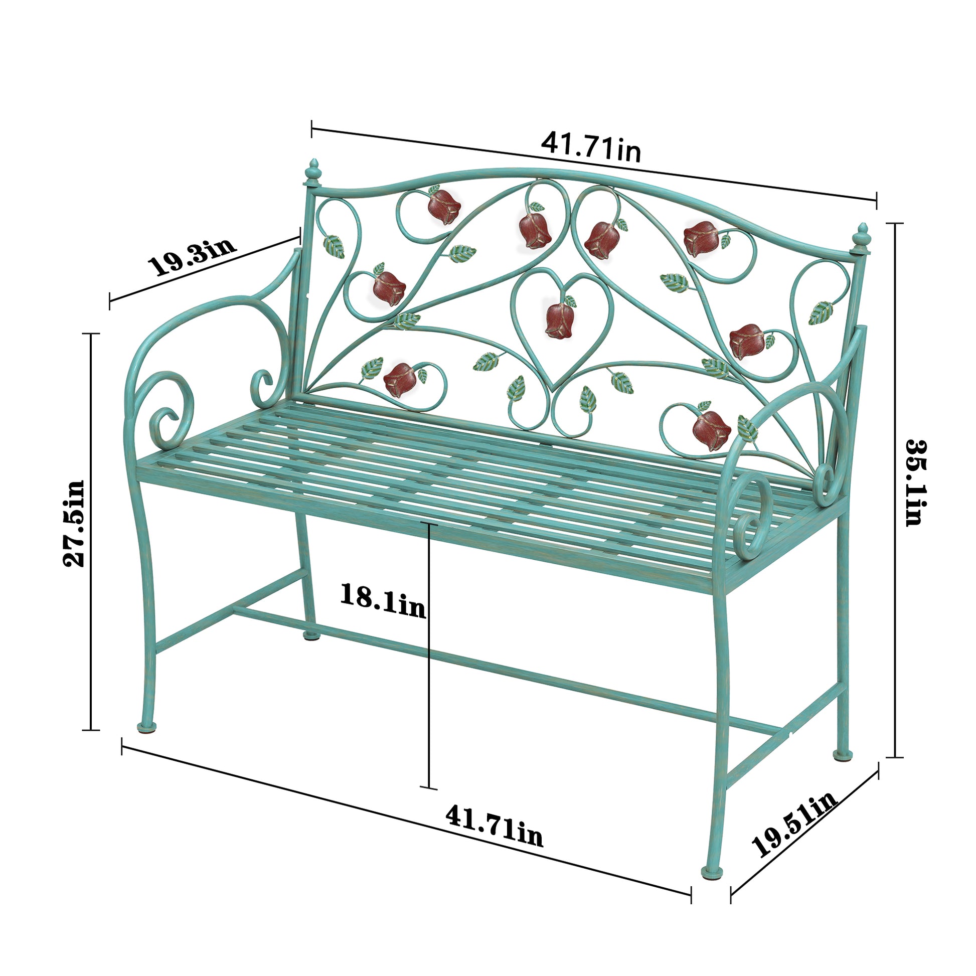 HLR Farmhouse Outdoor Bench with Rose Pattern, 41.7'' Metal Frame Patio Garden Chair Cast Iron, Light Blue