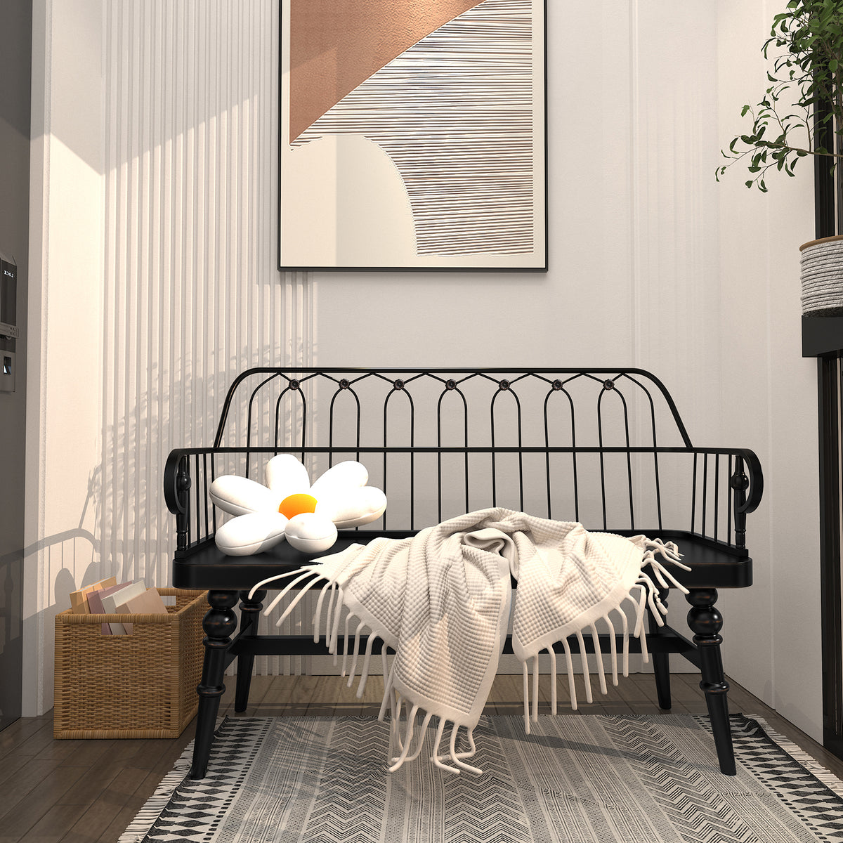 HLR Farmhouse Entryway Bench, Spindle Back Support Wood Dining Benches for Living Room, Mudroom, Black