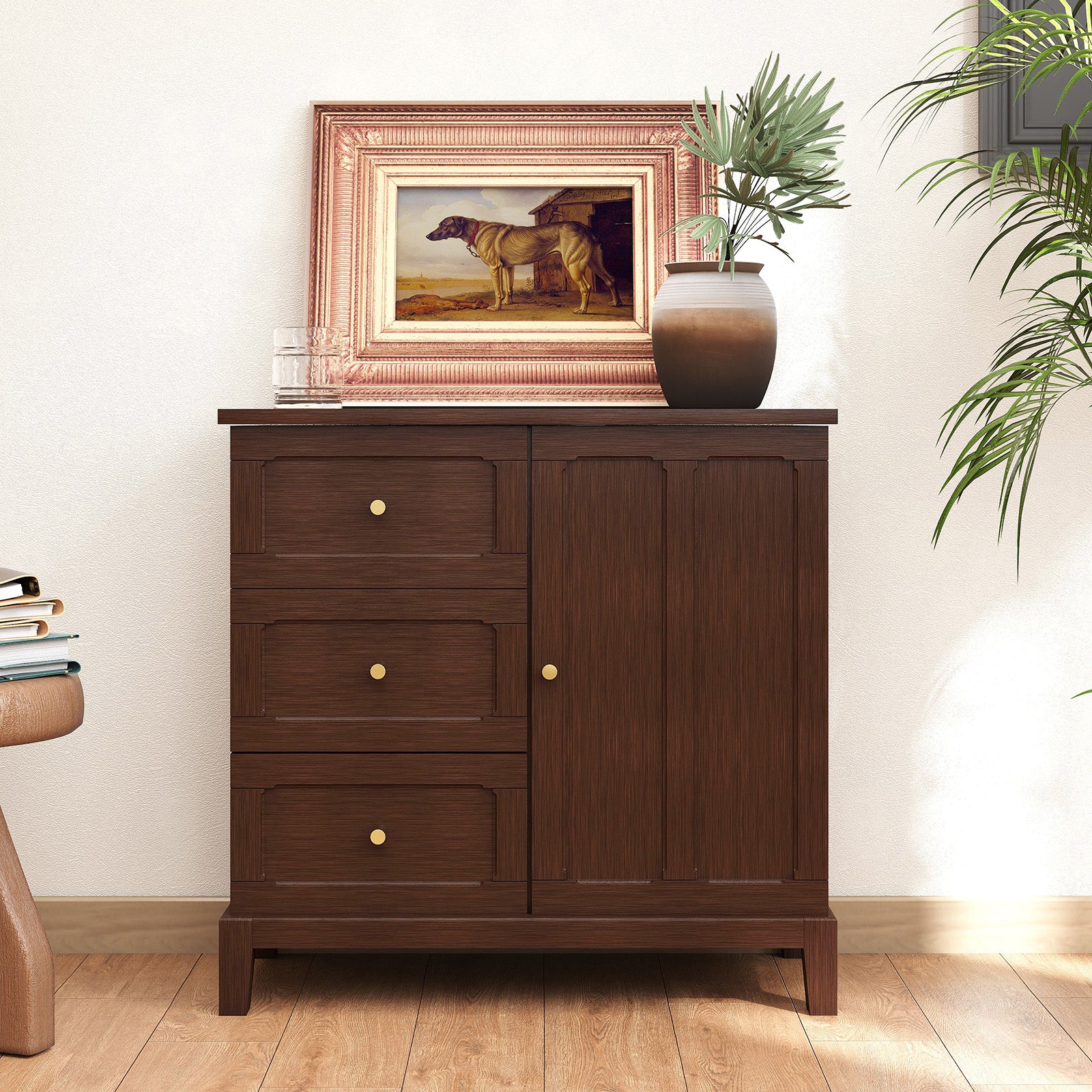HLR Modern 32"W Accent Cabinet 3 Drawers & Door, Wood Sideboard with Storage for Living Room, Brown