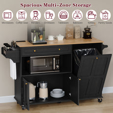 CBJCBJ Folding Rubber wood Kitchen Island, Kitchen Cart with Hidden Trash Can, Knife Rack & Spice Rack,Black