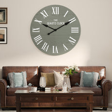 HLR 35.5” Farmhouse Large Shiplap Round Wall Clock with Roman Numeral for Living Room Decor, Green