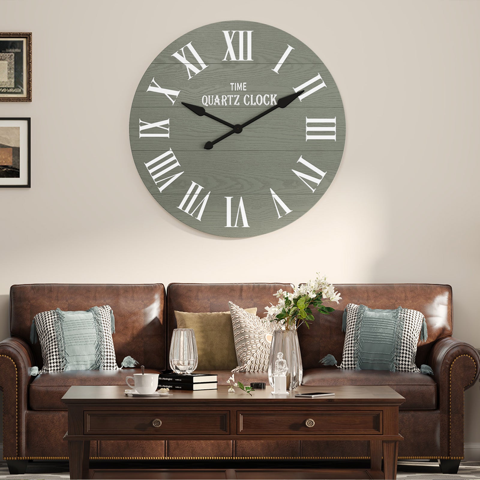 HLR 35.5” Farmhouse Large Shiplap Round Wall Clock with Roman Numeral for Living Room Decor, Green