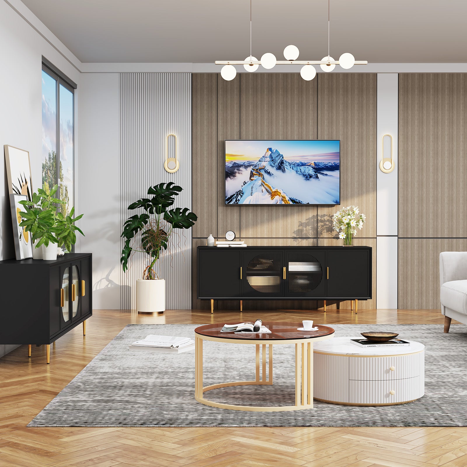 HLR Modern 66" TV Stand, for TVs up to 75", Living Room Entertainment Center with Glass Storage Cabinet, Black