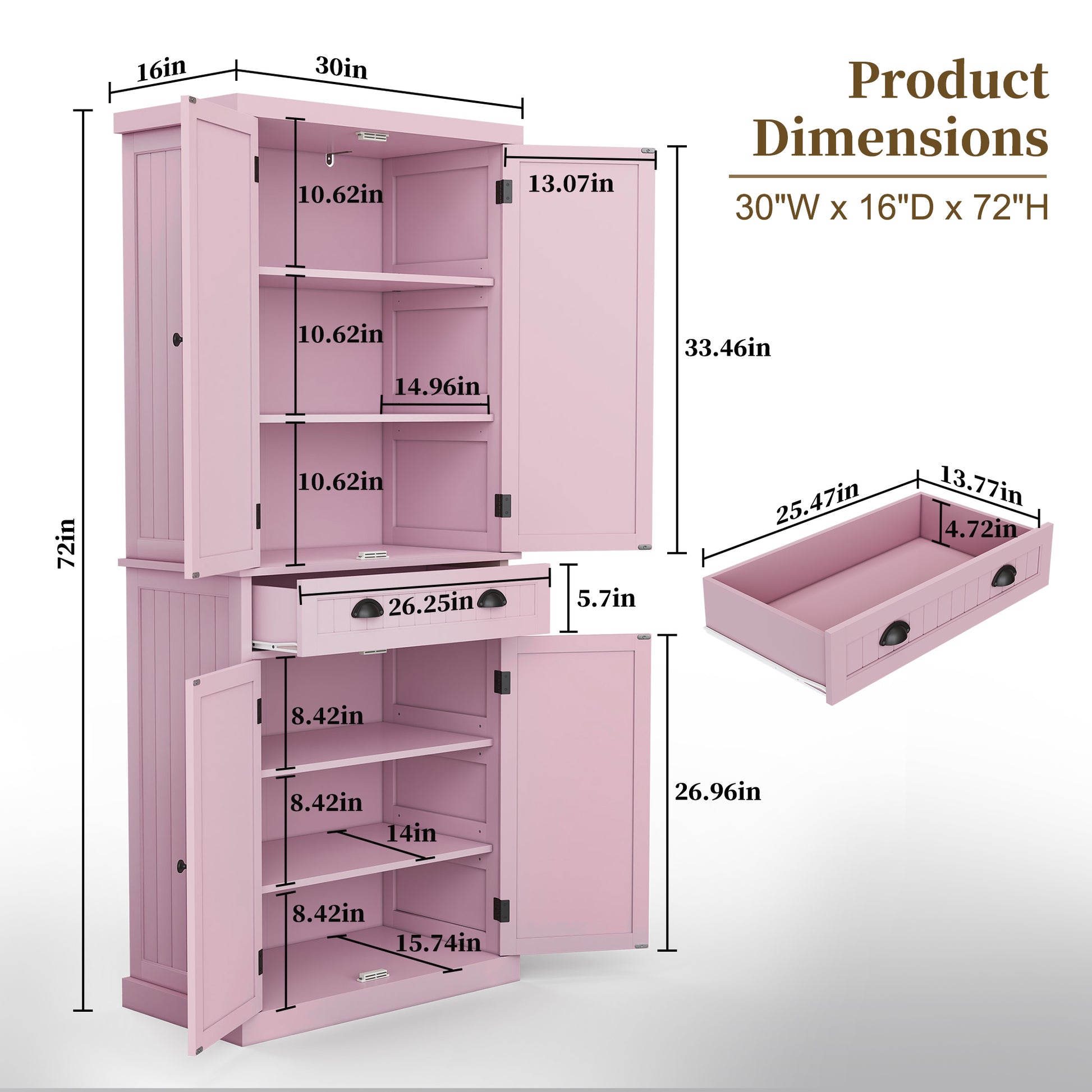72" Tall Kitchen Pantry Cabinet with Drawer & Adjustable Shelves, Freestanding Storage Cabinet, Pink