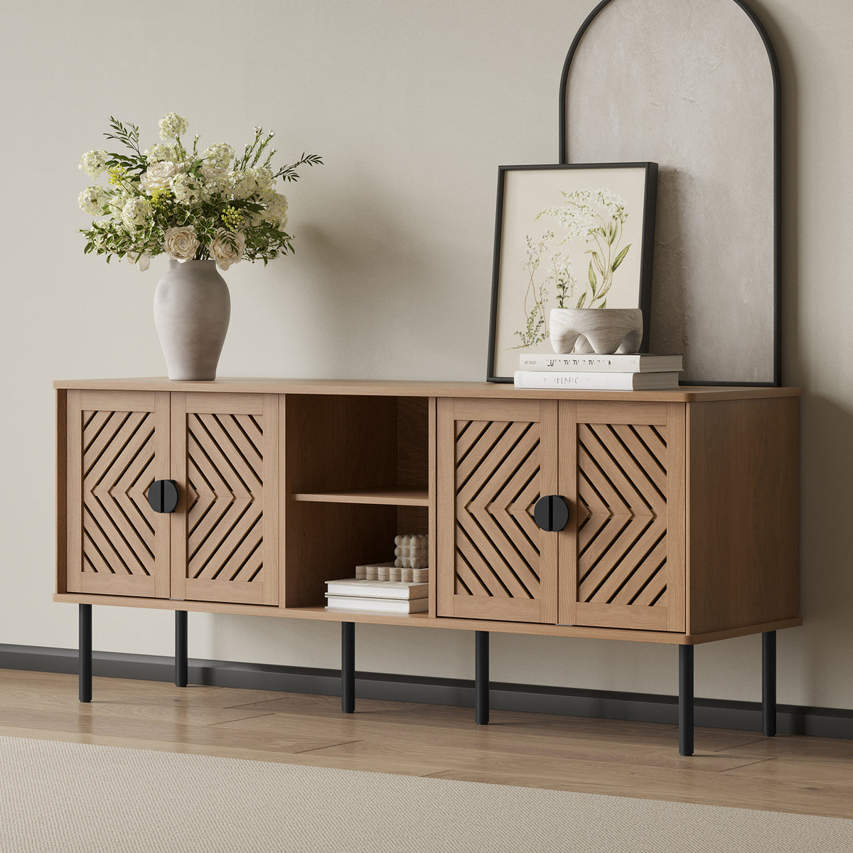 HLR Mid Century Modern 55" TV Stand for 65 Inch TV, Entertainment Center with Storage, Walnut