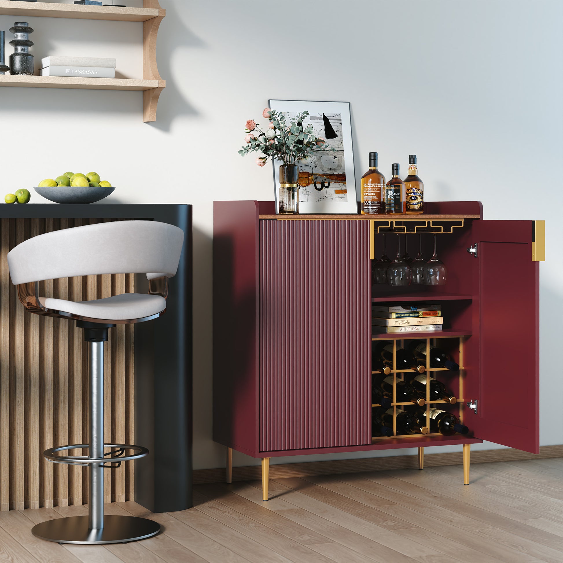 HLR 32"W Wine Bar Cabinet with 2 Door Fluted Texture, Modern Coffee Cabinet with Rack&Glass Holder,Red