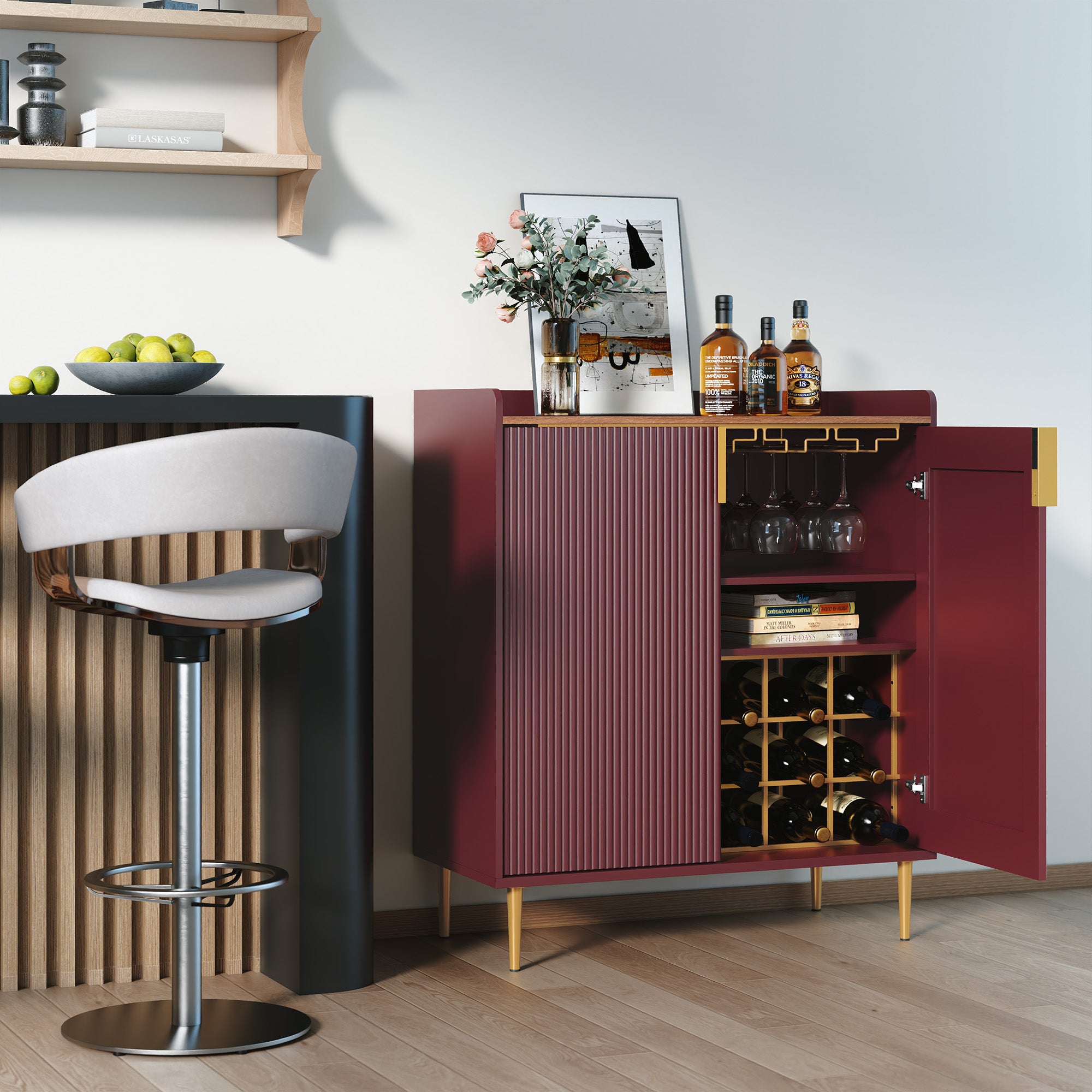 HLR 32"W Wine Bar Cabinet with 2 Door Fluted Texture, Modern Coffee Cabinet with Rack&Glass Holder,Red