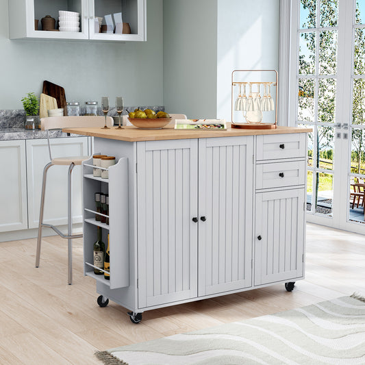 CBJCBJ 50.4" Kitchen Island with Storage, Wood Top Cart with Drop Leaf and Wheels, Gray