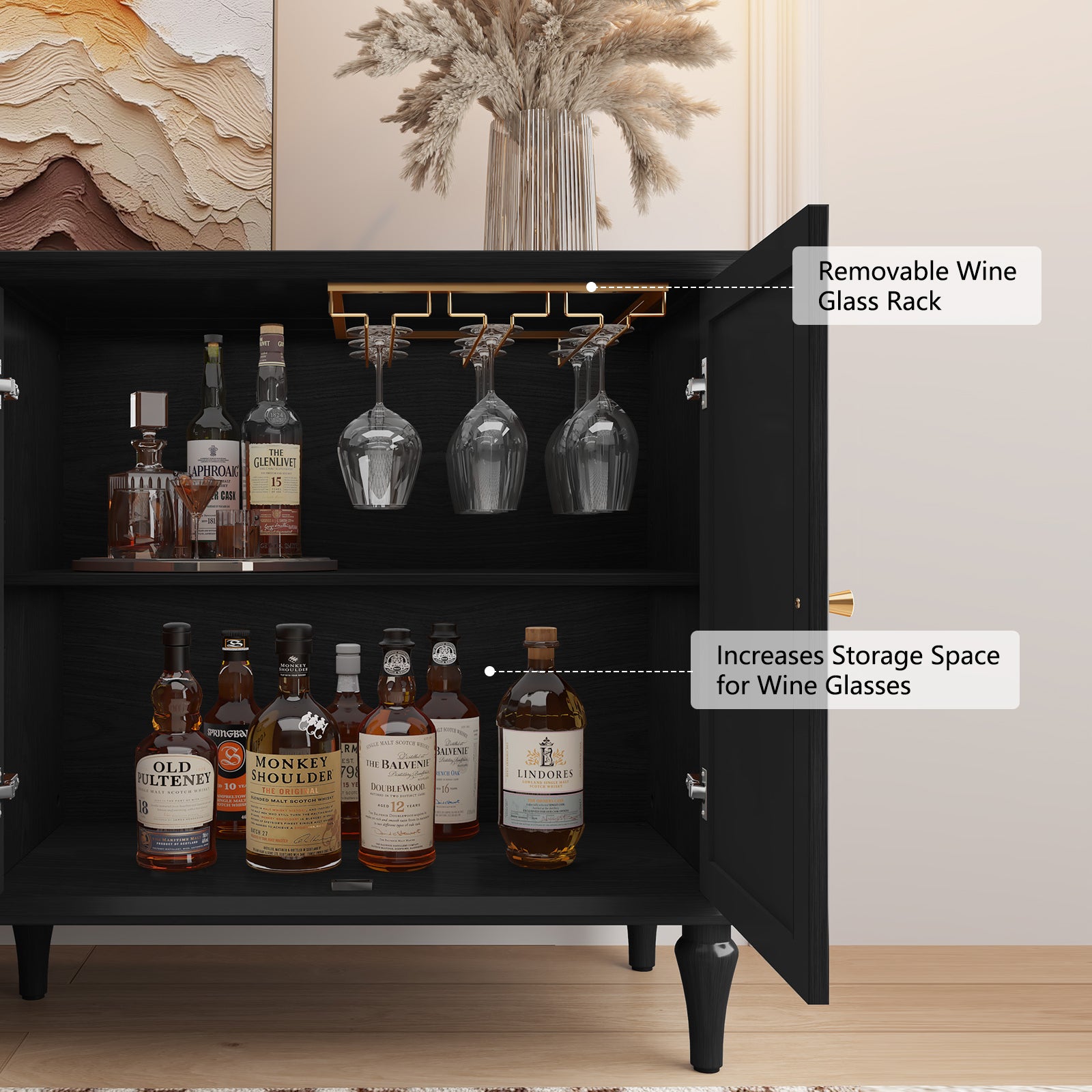HLR Mid Century 58" Wood 4 Door Sideboard Buffet Cabinet with Storage for Living Dining (Black)