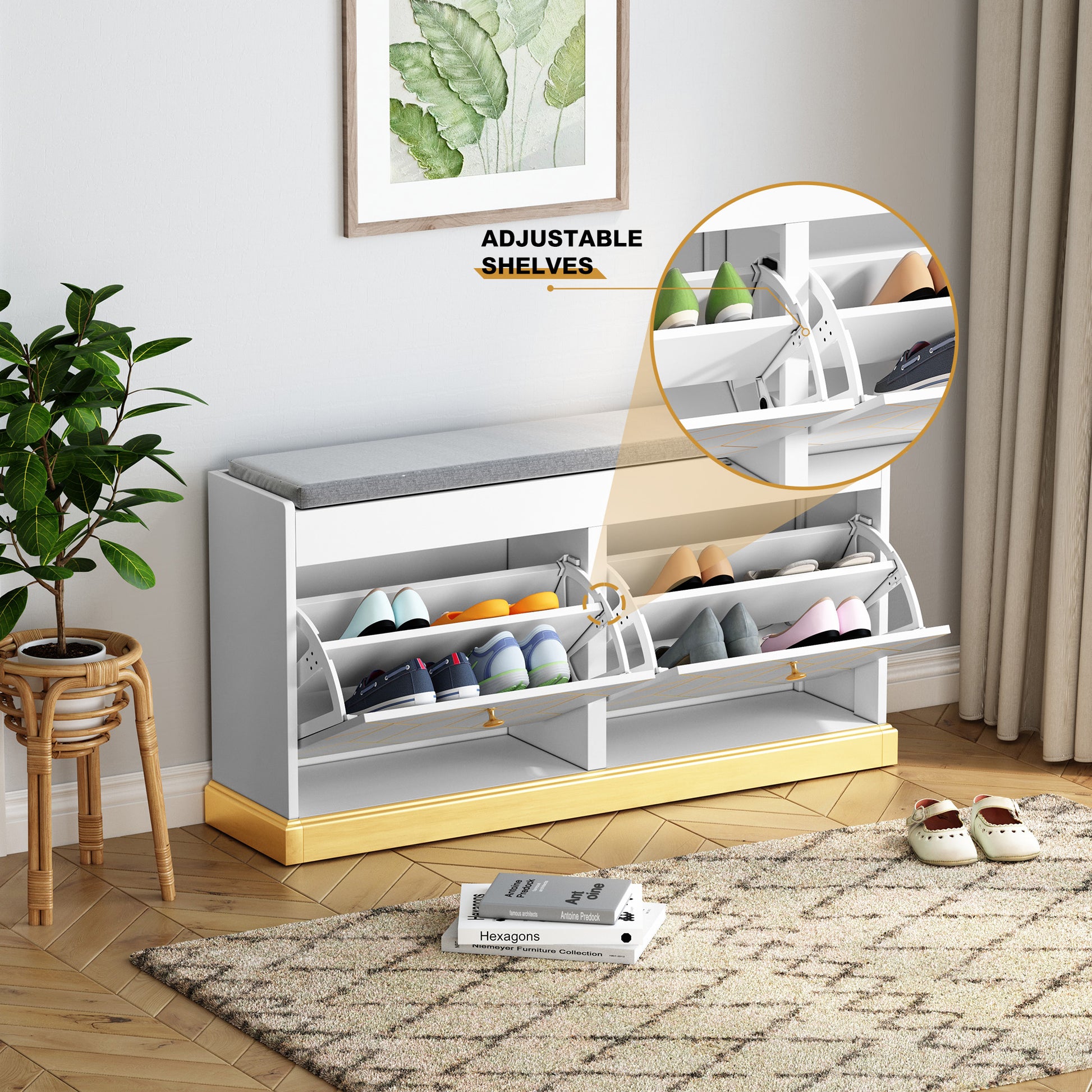 CBJCBJ 39"W Multifunction Suitable Shoe Bench with Soft Cushion and 2 Drawers for Entryway, White