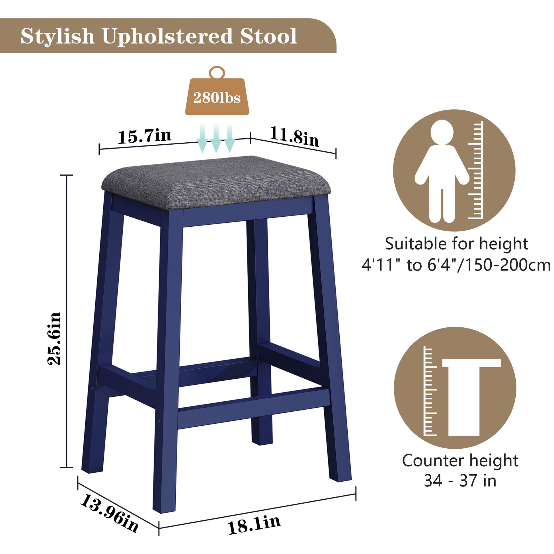 HLR 24.8" Bar Stools, Farmhouse Set of 2 Bar Chairs with Cushion for Kitchen, Dining Room, Cafe Blue