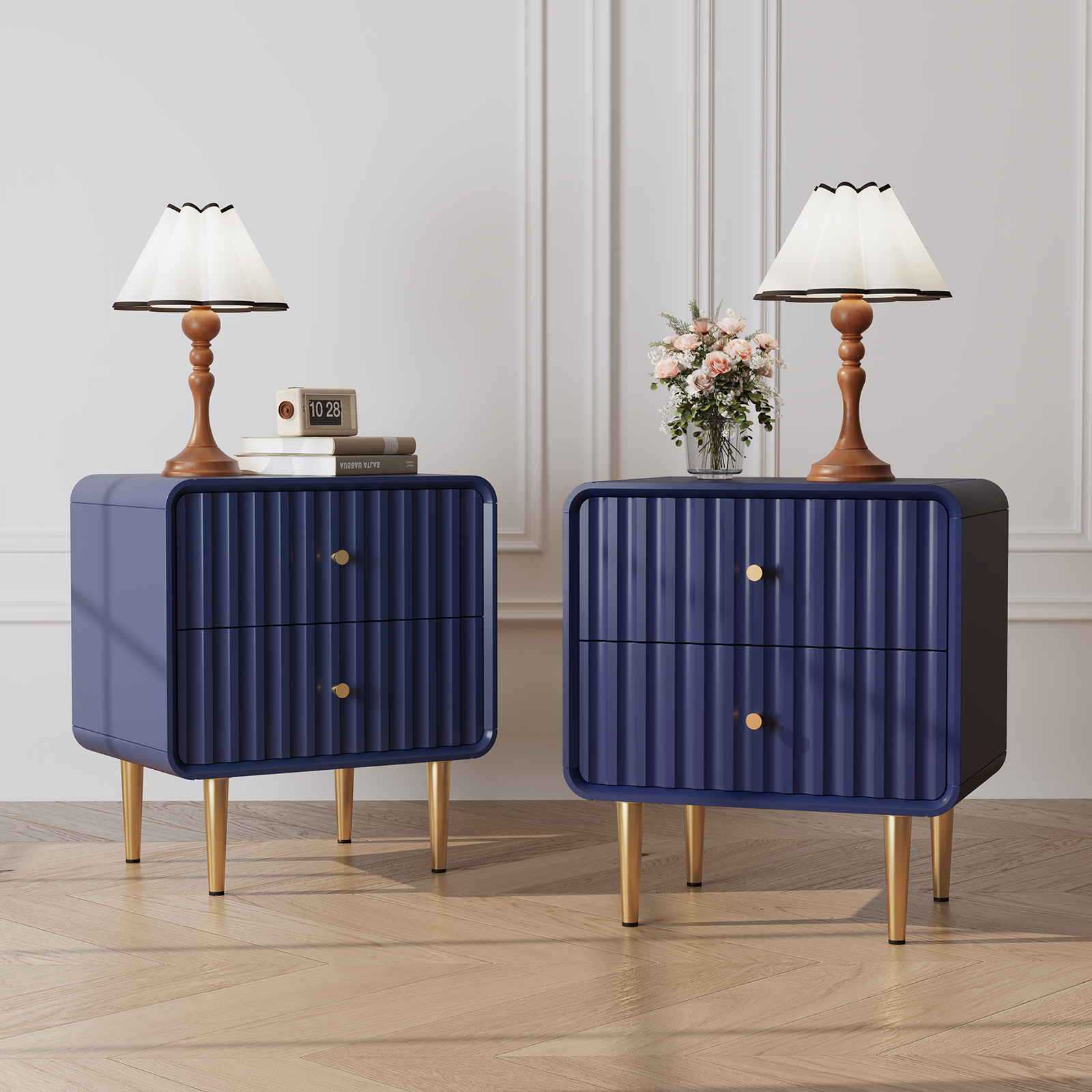CBJCBJ Modern Bedroom Nightstand Set of 2, 20-Inch Wood Bedside Table with 2 Drawers and Gold Handles, BLUE