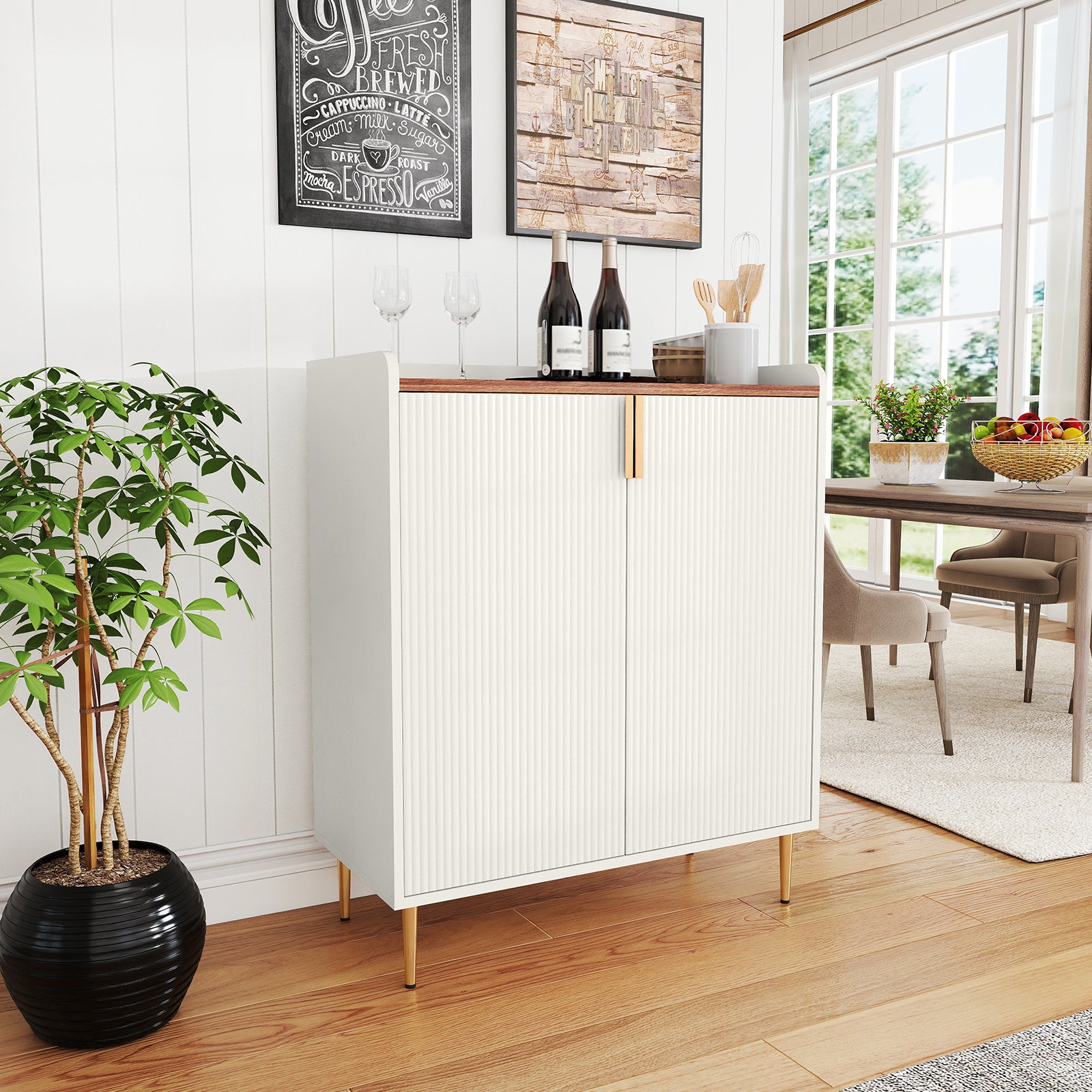 HLR 32"W Wine Bar Cabinet with 2 Door Fluted Texture, Modern Coffee Cabinet with Rack&Glass Holder, White.