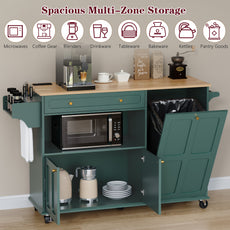 CBJCBJ Folding Rubber wood Kitchen Island, Kitchen Cart with Hidden Trash Can, Knife Rack & Spice Rack,Green