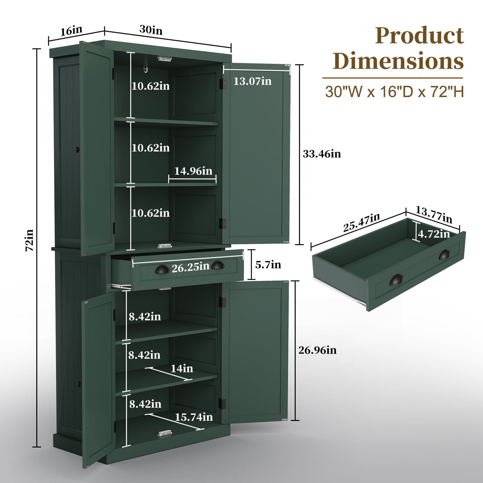 HLR 72" Tall Kitchen Pantry Cabinet with Drawer & Adjustable Shelves, Freestanding Storage Cabinet, Green