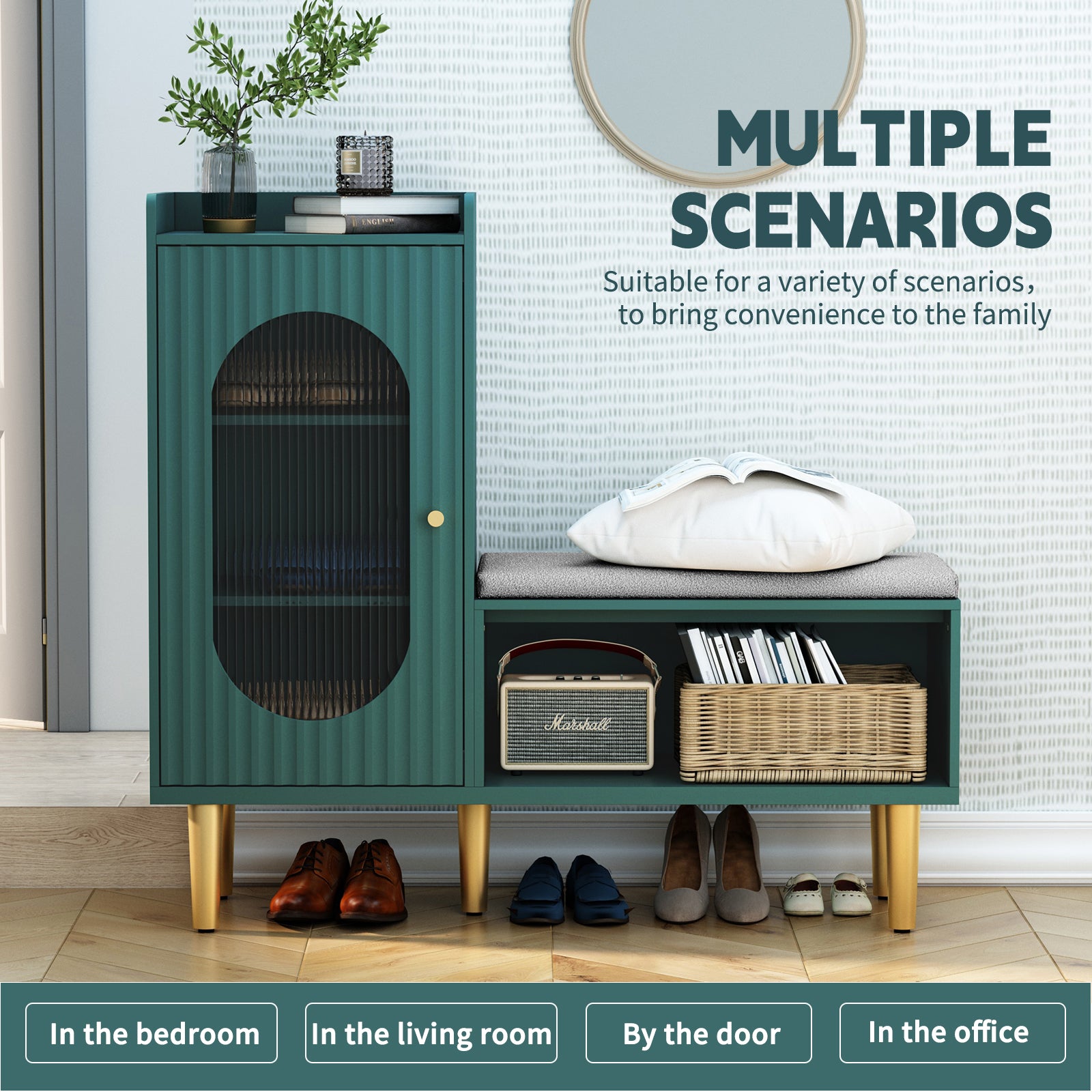 CBJCBJ Modern Storage Bench with Glass Door & Shelf - L-Shaped Entryway Cabinet, Padded Seat for Hallway/Bedroom/Office,Green