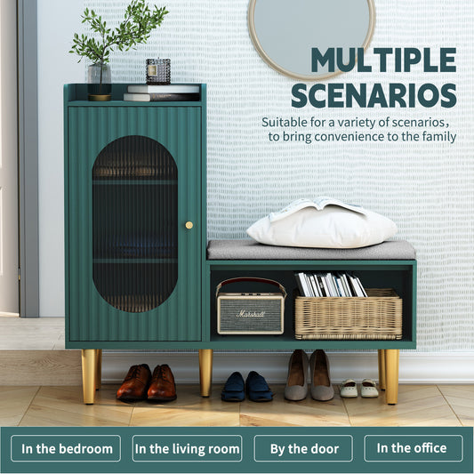 CBJCBJ Modern Storage Bench with Glass Door & Shelf - L-Shaped Entryway Cabinet, Padded Seat for Hallway/Bedroom/Office,Green