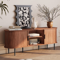 HLR 55" Brown TV Stand for 65" TV, Wood Entertainment Center with 2 Sliding Tambour Doors Storage, Mid-Century