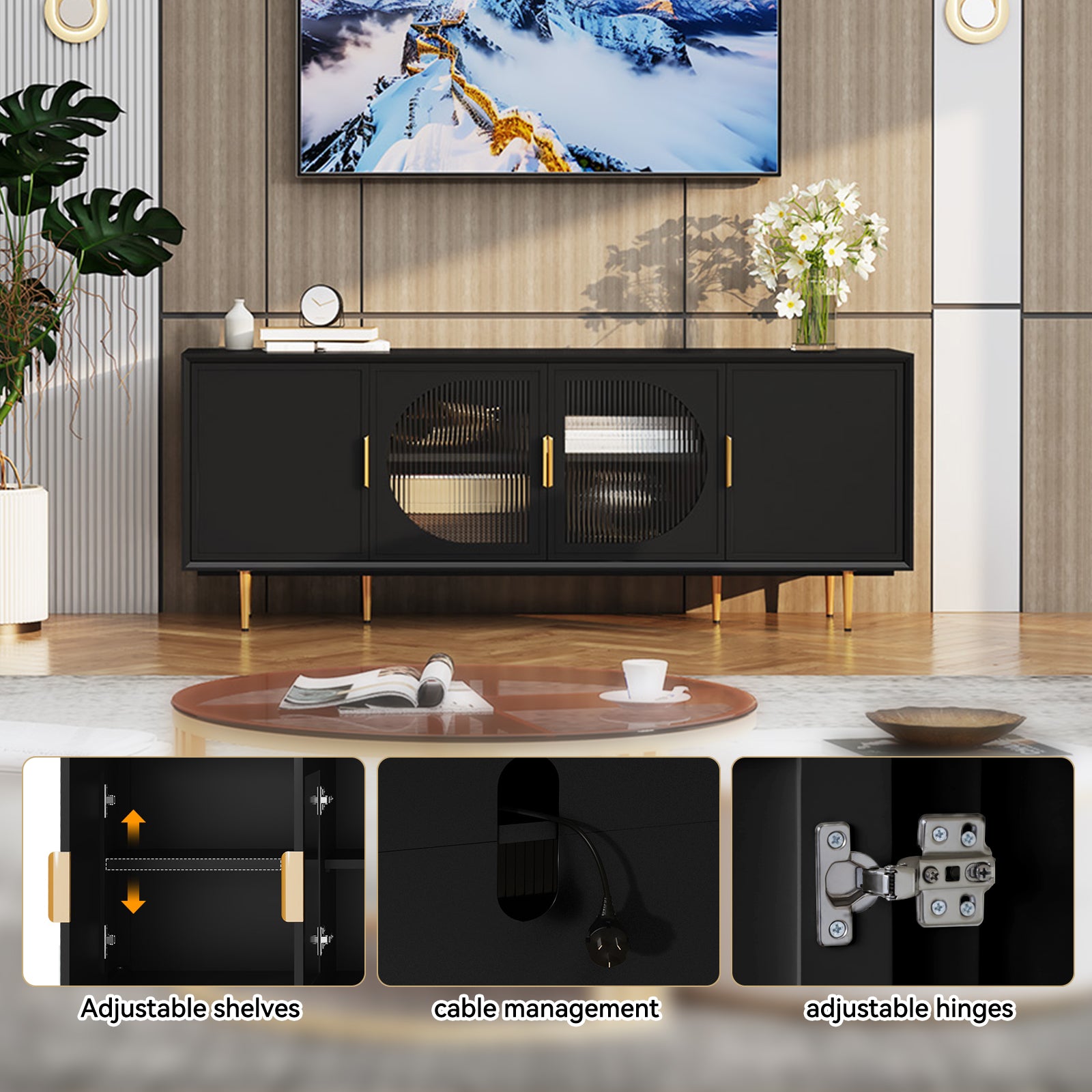 HLR Modern 66" TV Stand, for TVs up to 75", Living Room Entertainment Center with Glass Storage Cabinet, Black