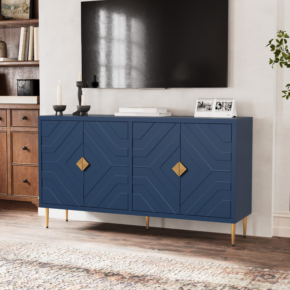 HLR 58" Modern Accent Sideboard Cabinet, 4 Doors, Adjustable Shelves, Fluted Storage Cabinet, Blue