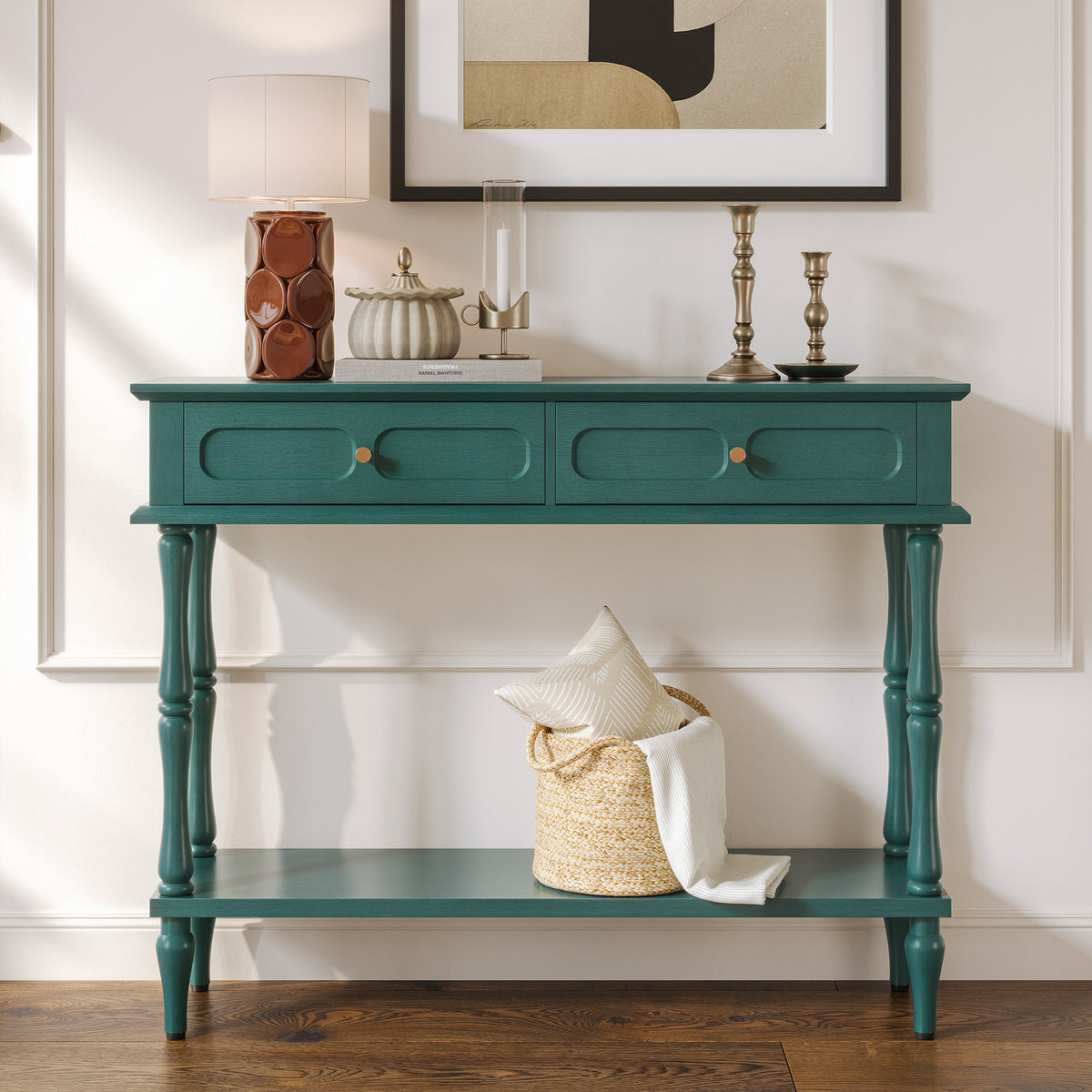 CBJCBJ Minimal Assembly Console Table, Entryway Table with 2 Drawers and Open Shelf, for Living Room, Green