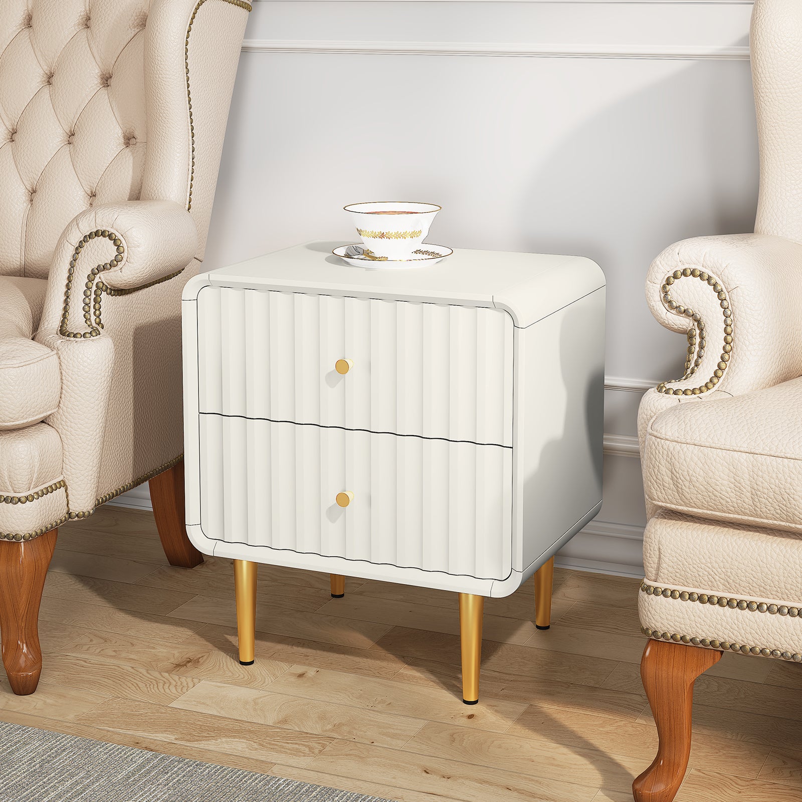 HLR 20" Modern Fluted White Nightstand Set of 2, Wood Bedside Table with 2 Drawers & Gold Metal Handles