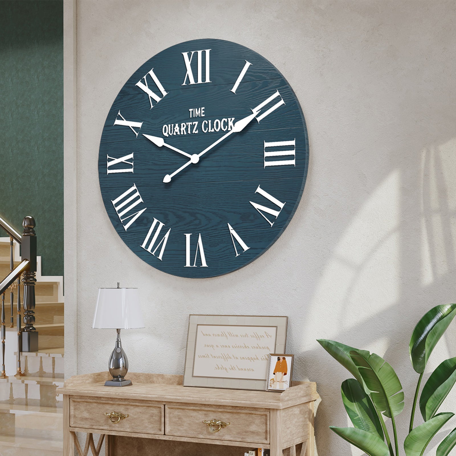 HLR 35.5” Farmhouse Large Shiplap Round Wall Clock with Roman Numeral for Living Room Decor, Navy Blue