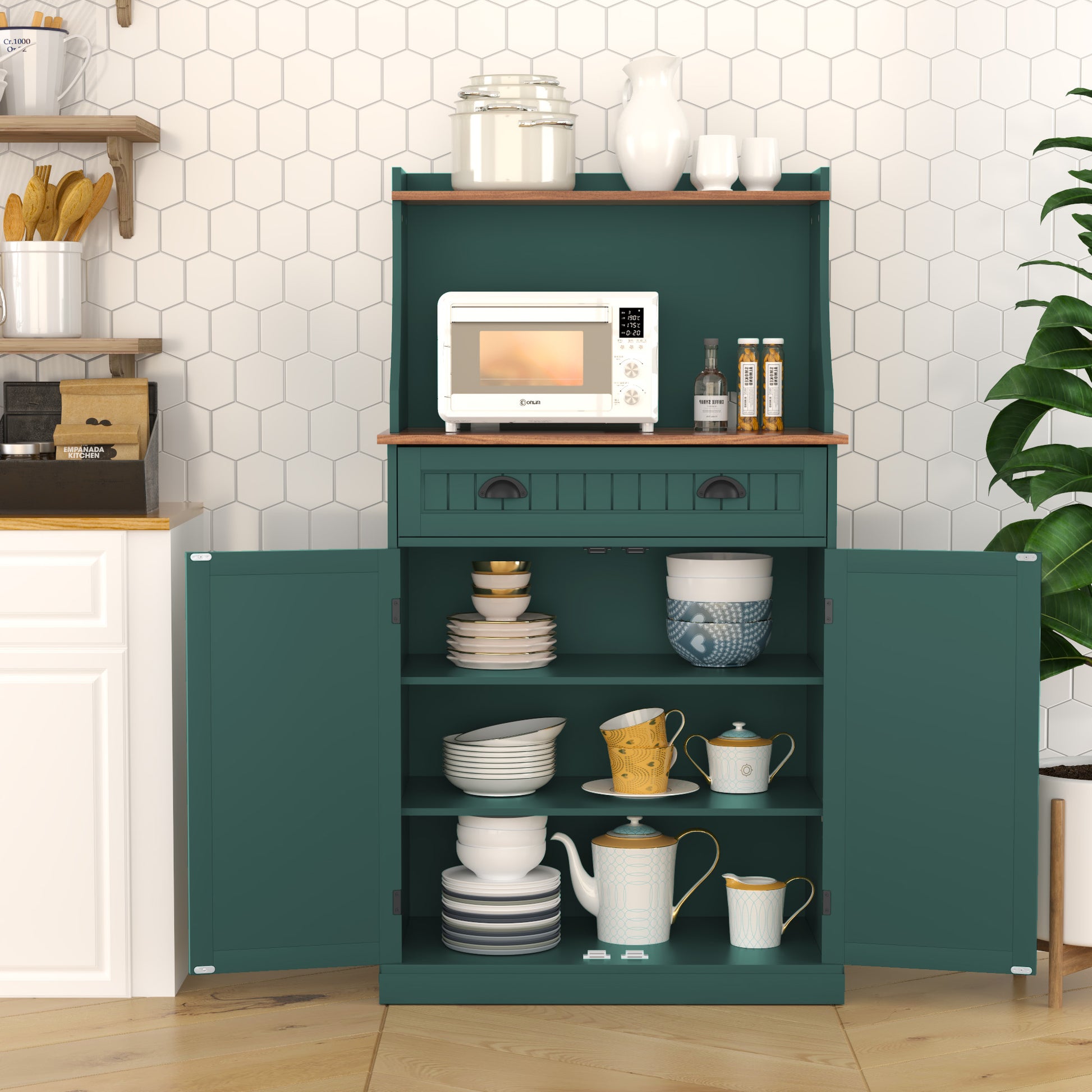 HLR Farmhouse Kitchen Pantry Cabinet with Microwave Stand, 54" Coffee Bar Storage Cabinet, Green