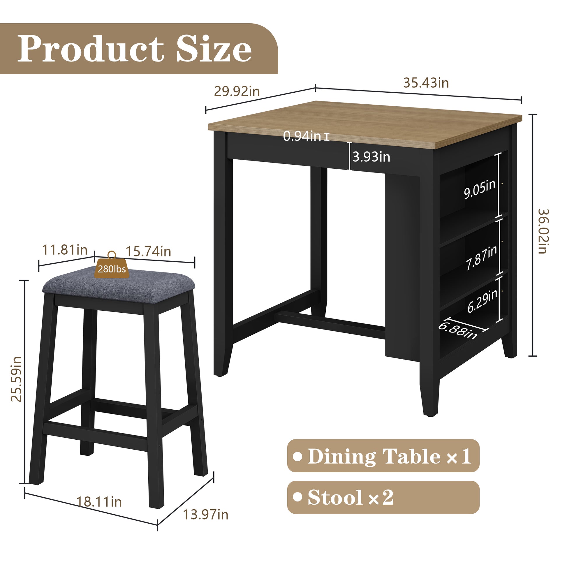 HLR Farmhouse Dining Table Set for 2, Small Kitchen Table Chairs Set of 2 with Tufted for Apartment, Black