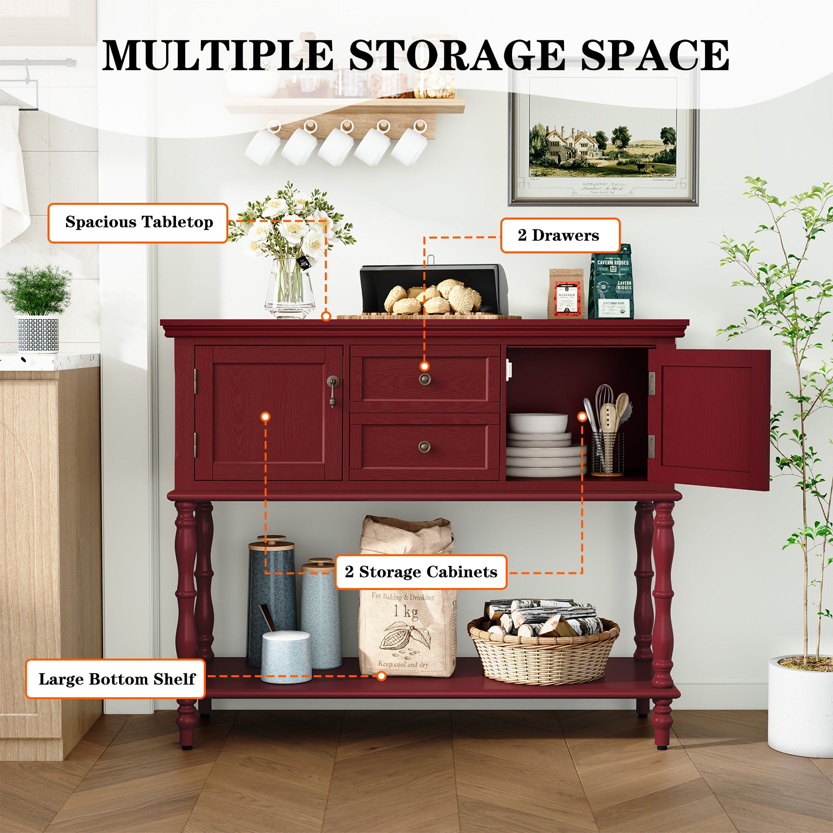 CBJCBJ 42" Farmhouse Console Table , 2 Drawer Narrow Long Entryway Table with Open Storage Shelf , for Living Room,Red