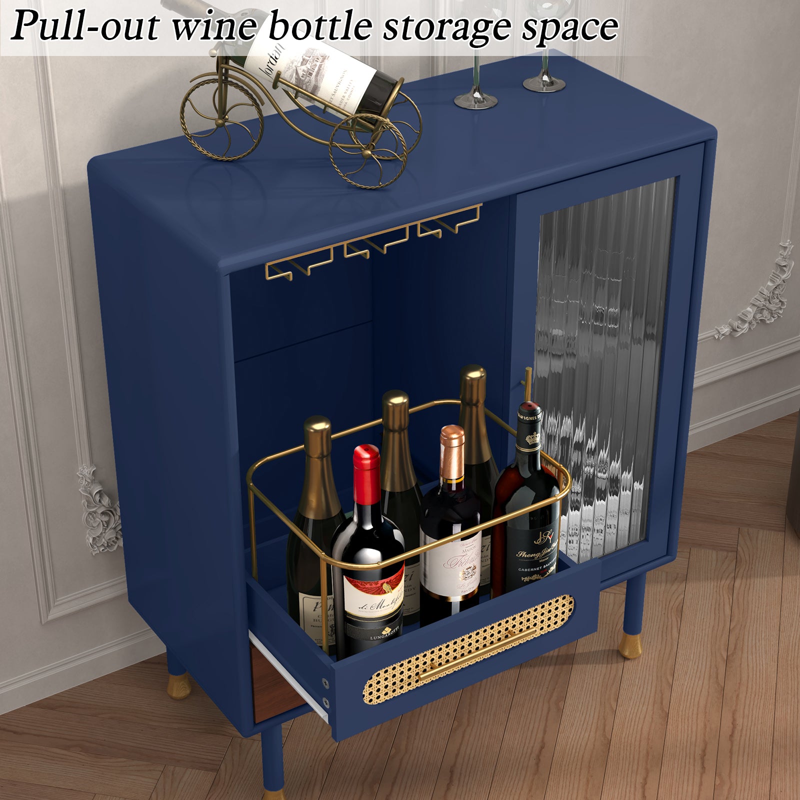 CBJCBJ Modern Coffee Bar Cabinet with Storage, Wine Cabinet with Glass Racks, Sideboard for Living Room,Blue