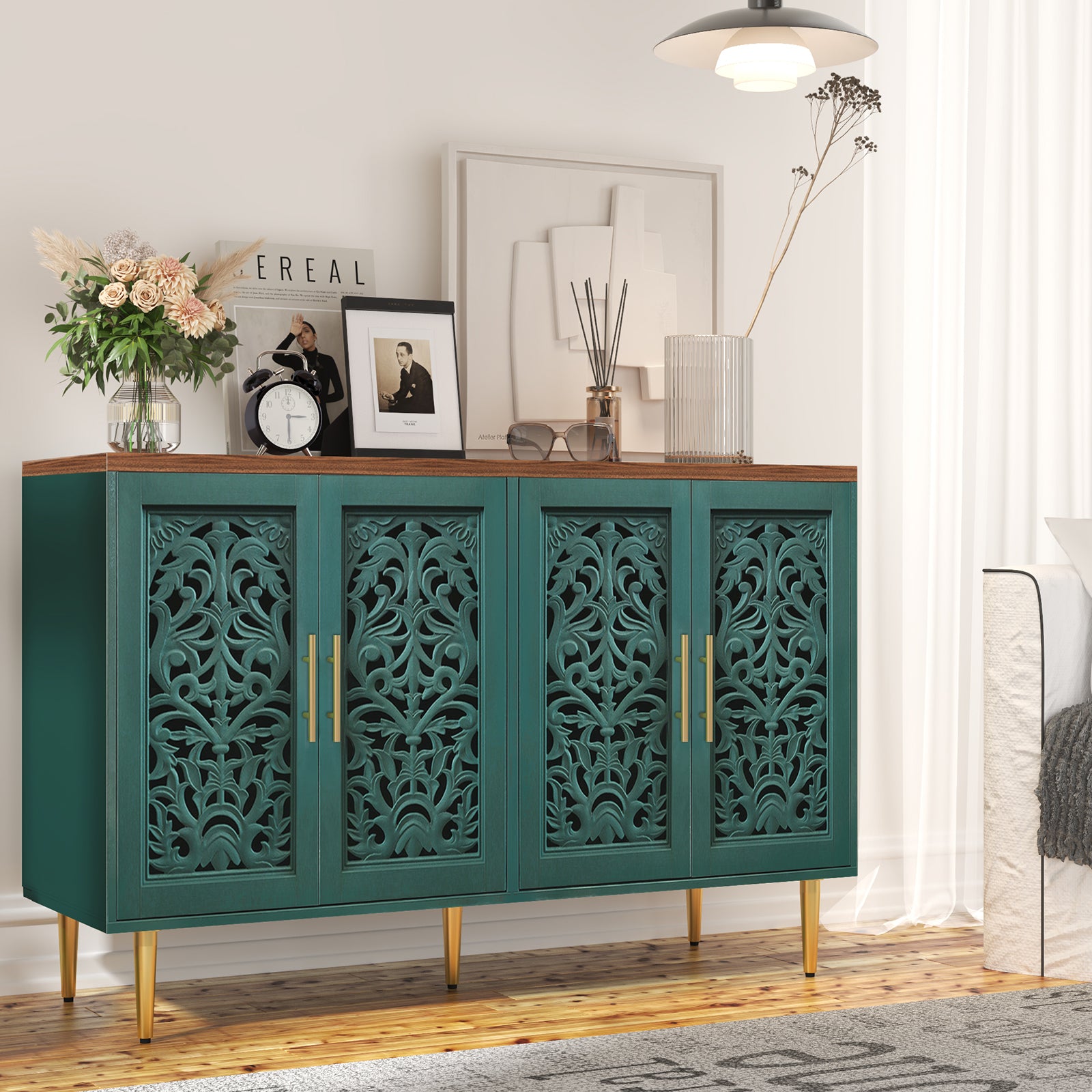 CBJCBJ 48″ Retro Storage Cabinet with 4 Doors, Hollow Carved Buffet Hutch for Living Room, Kitchen, Dining & Entryway, Vintage Decorative Organizer (GREEN)