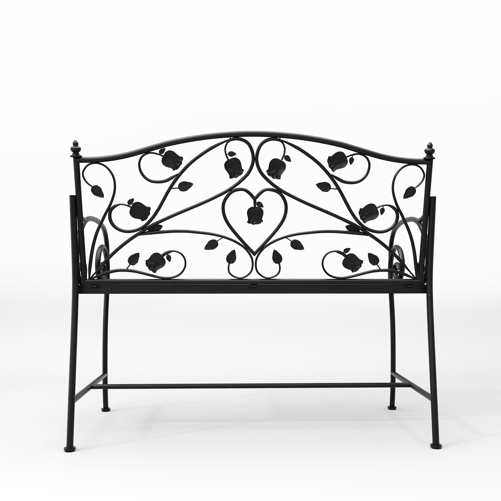 HLR Farmhouse Outdoor Bench with Rose Pattern, 41.7'' Metal Frame Patio Garden Chair Cast Iron, Black