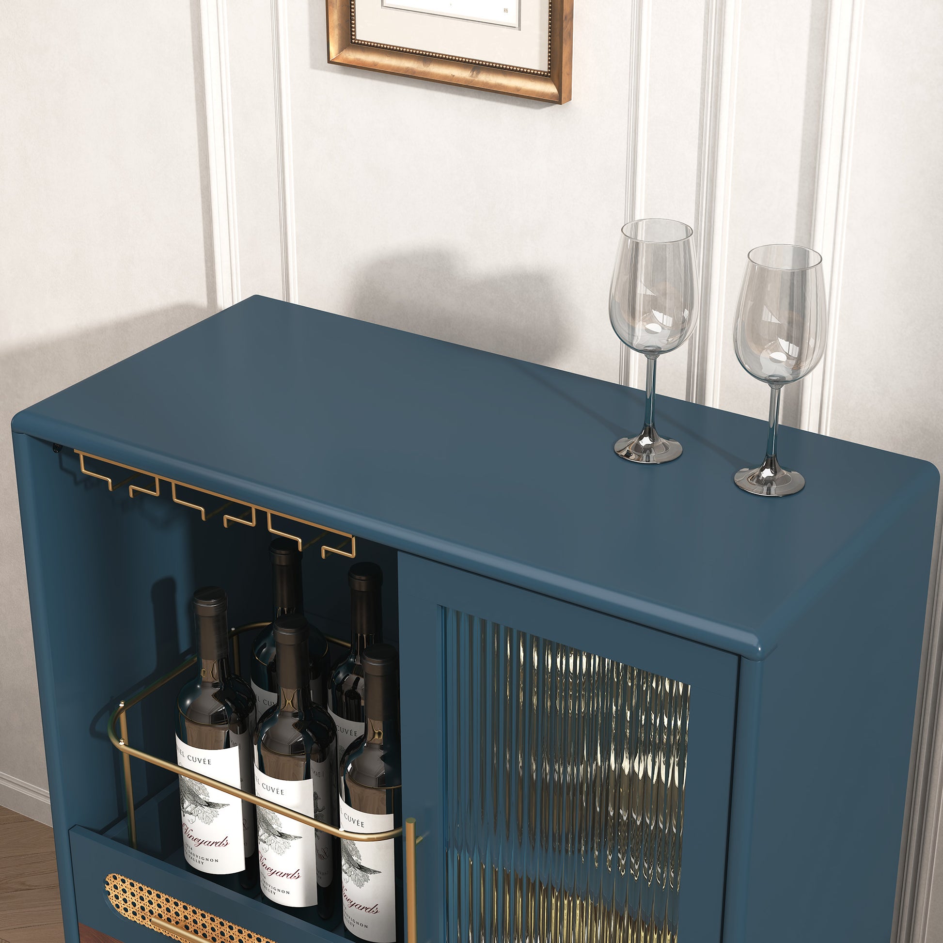 HLR 31.5"W Modern Wine Storage Cabinet with Pull-Out Rack & Tempered Glass Doors – Compact Coffee Bar for Kitchen, Dining Room, Apartment,Blue