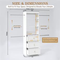 HLR Open Wardrobe Closet System with Adjustable Hanging Rods, Storage Cabinet with Drawers and Shelves, White