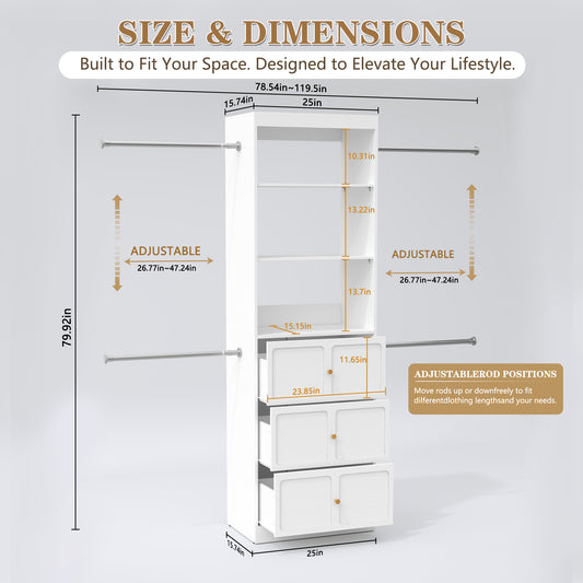 HLR Open Wardrobe Closet System with Adjustable Hanging Rods, Storage Cabinet with Drawers and Shelves, White