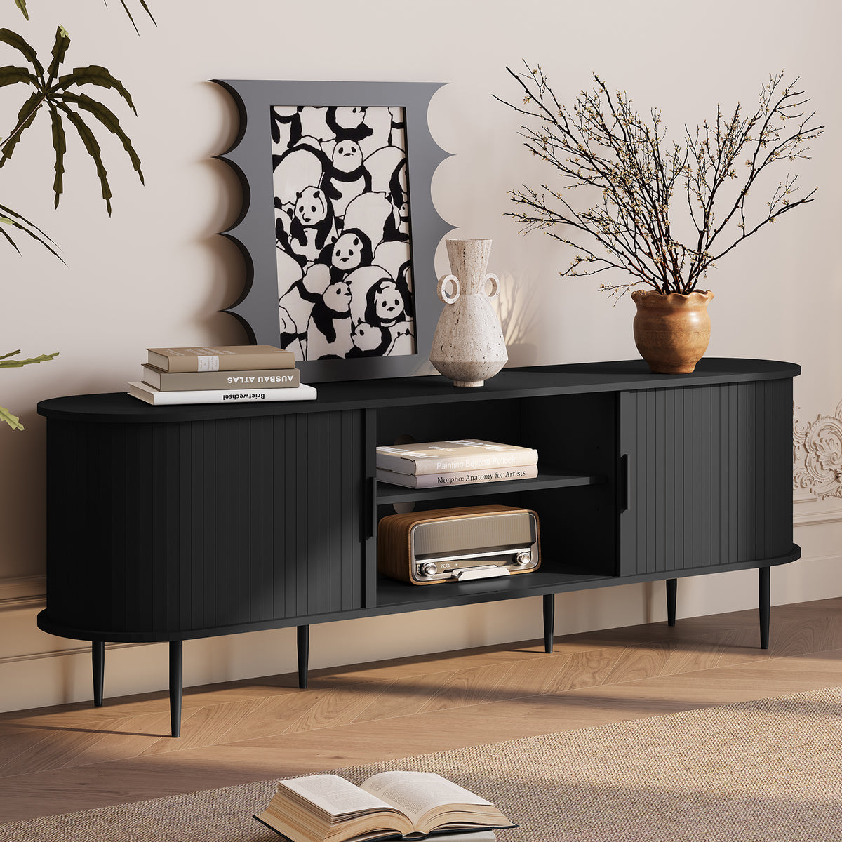 HLR 63" Black TV Stand for 75" TV, Wood Entertainment Center with 2 Sliding Tambour Doors Storage, Mid-Century
